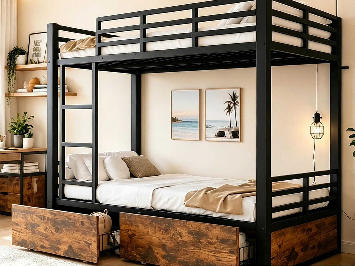 Metal bunk bed 90x200 cm - with 2 drawers - with ladder - with safety rails - black (mattress not included)