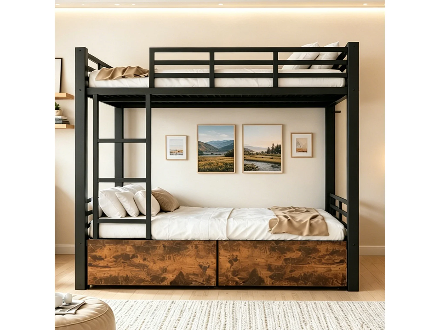 Metal bunk bed 90x200 cm - with 2 drawers - with ladder - with safety rails - black (mattress not included)