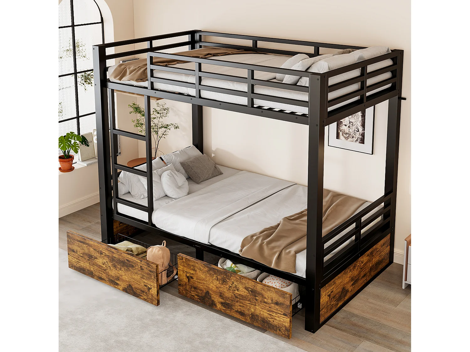 Metal bunk bed 90x200 cm - with 2 drawers - with ladder - with safety rails - black (mattress not included)