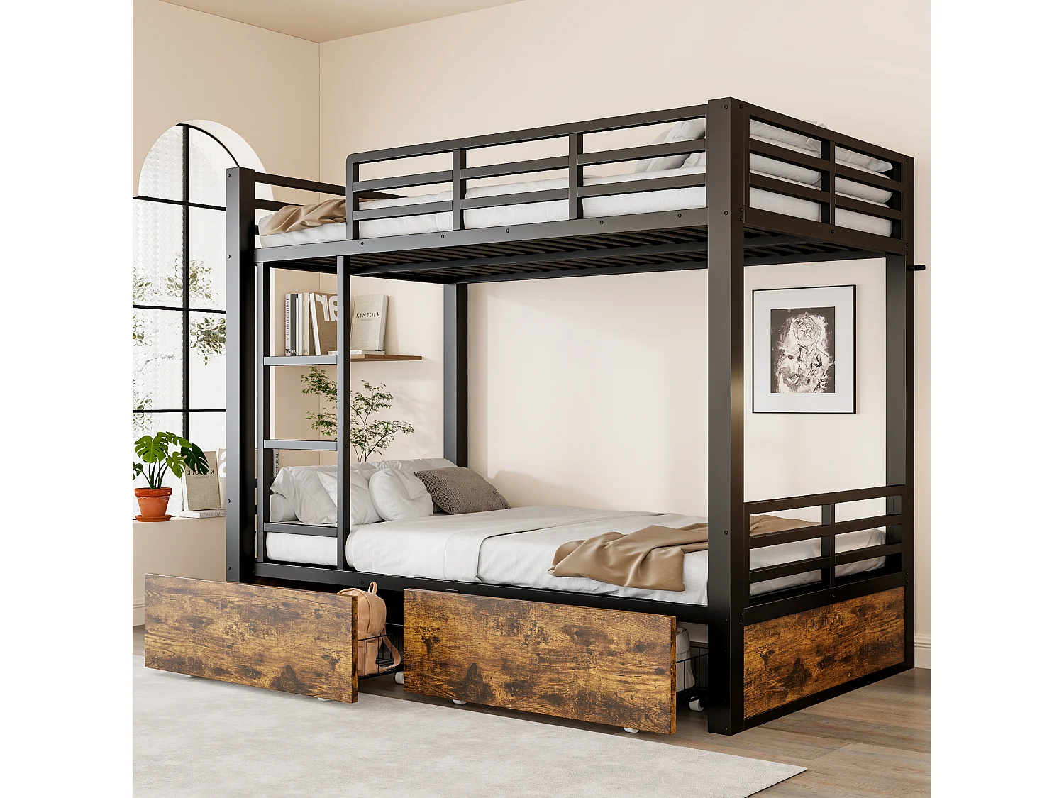 Metal bunk bed 90x200 cm - with 2 drawers - with ladder - with safety rails - black (mattress not included)