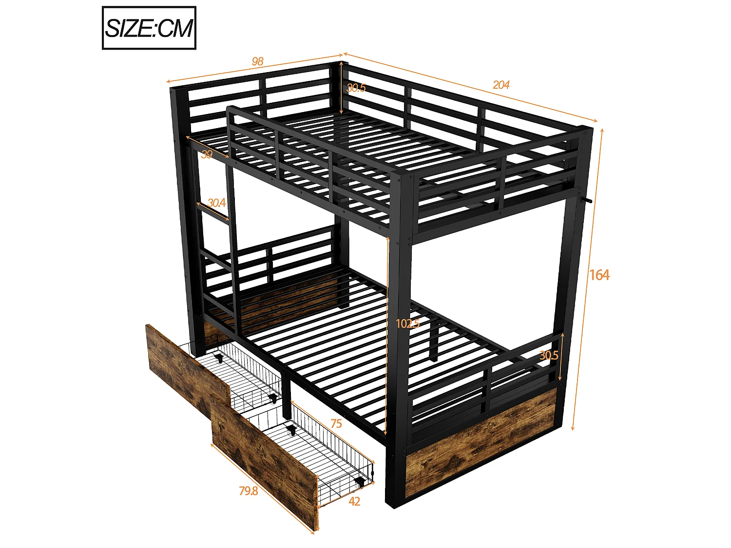 Metal bunk bed 90x200 cm - with 2 drawers - with ladder - with safety rails - black (mattress not included)