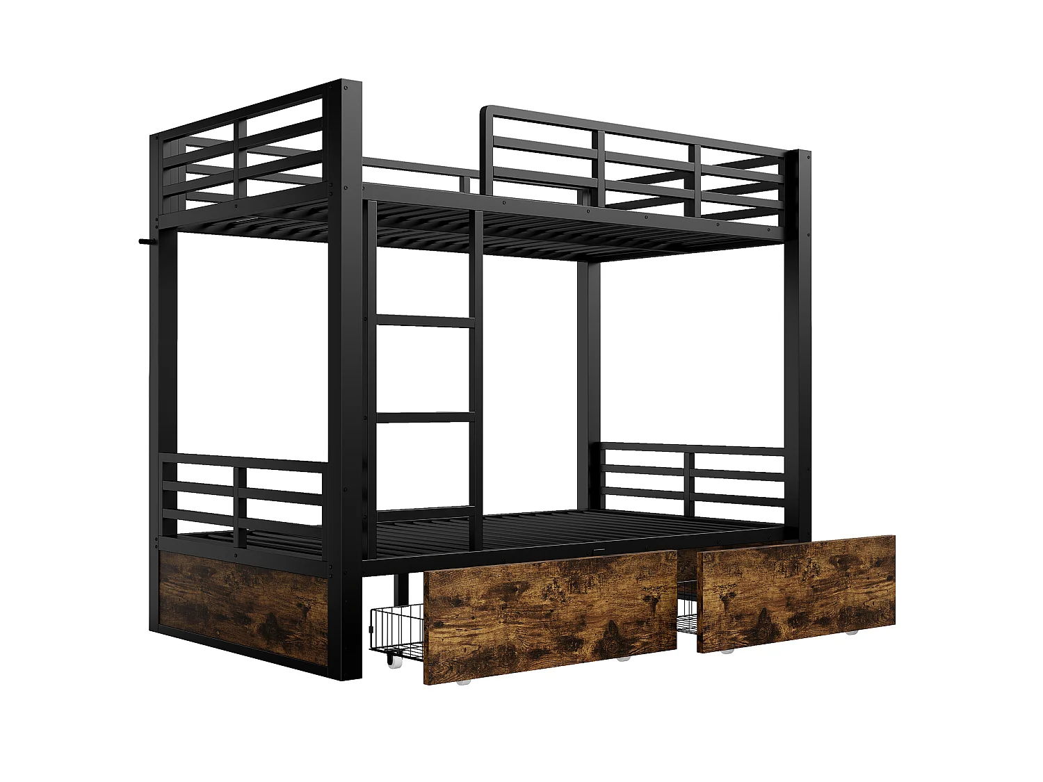 Metal bunk bed 90x200 cm - with 2 drawers - with ladder - with safety rails - black (mattress not included)