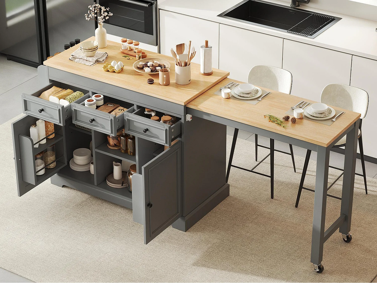 Kücheninsel - ausziehbarer Esstisch - mit Gewürzregal und Schubladen - mit Rollen und Stauraum - Grau