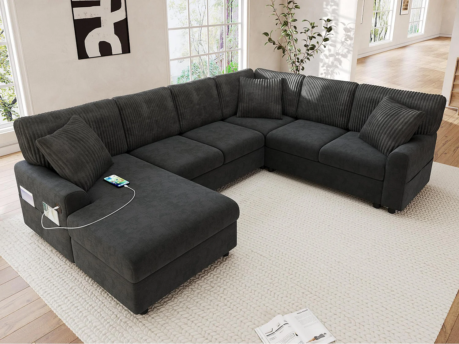 Modern U-shaped corner sofa - with 1 chaise lounge, 3 cushions, 1 USB port and 1 Type-C port - Chenille, corduroy - Gray