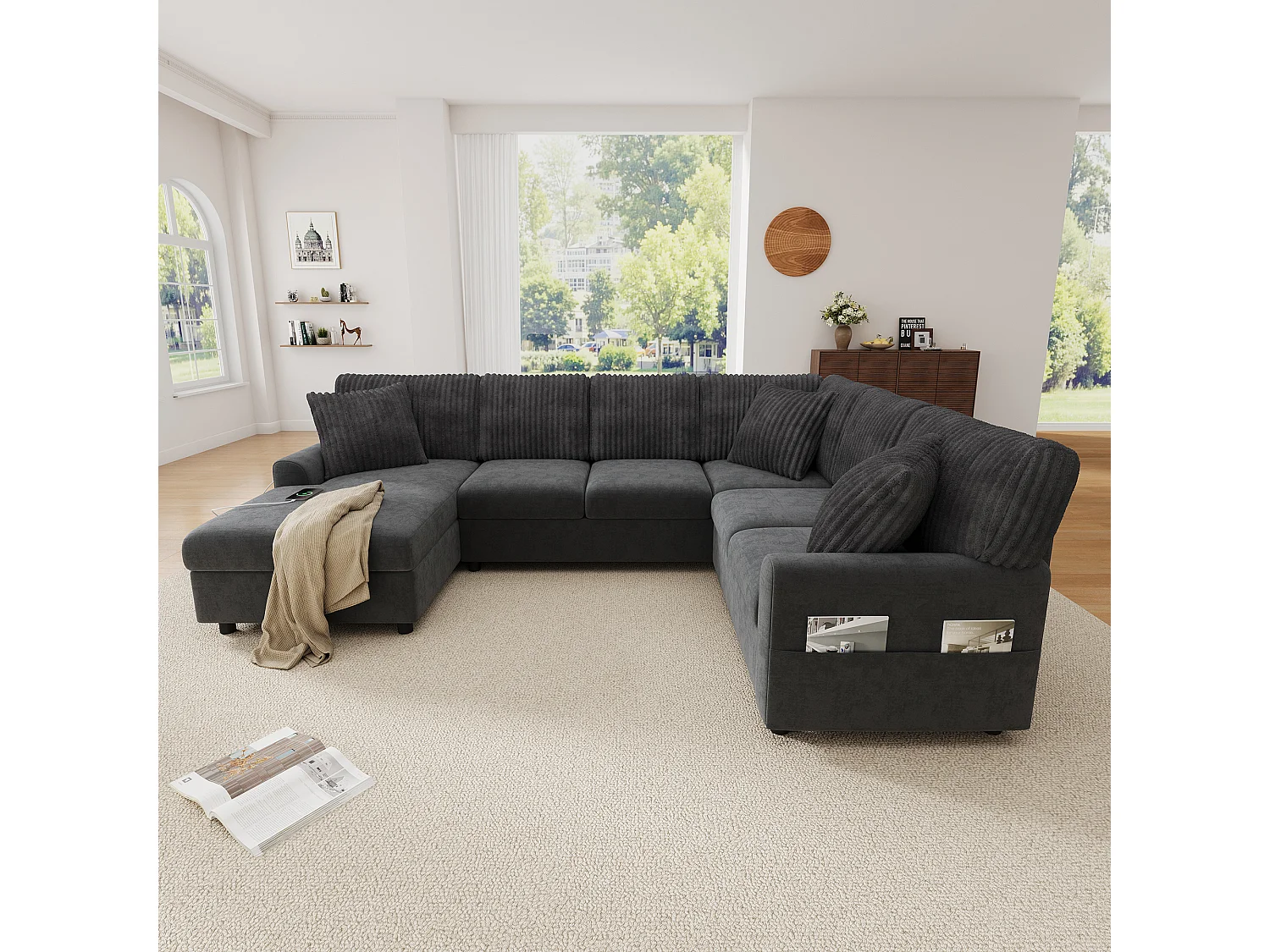 Modern U-shaped corner sofa - with 1 chaise lounge, 3 cushions, 1 USB port and 1 Type-C port - Chenille, corduroy - Gray