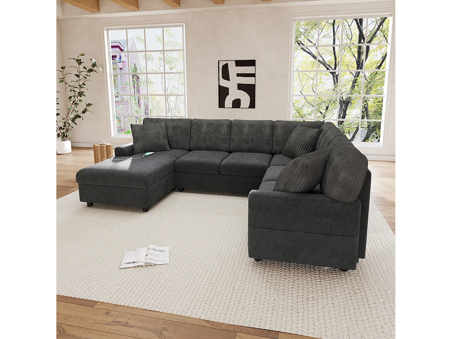 Modern U-shaped corner sofa - with 1 chaise lounge, 3 cushions, 1 USB port and 1 Type-C port - Chenille, corduroy - Gray