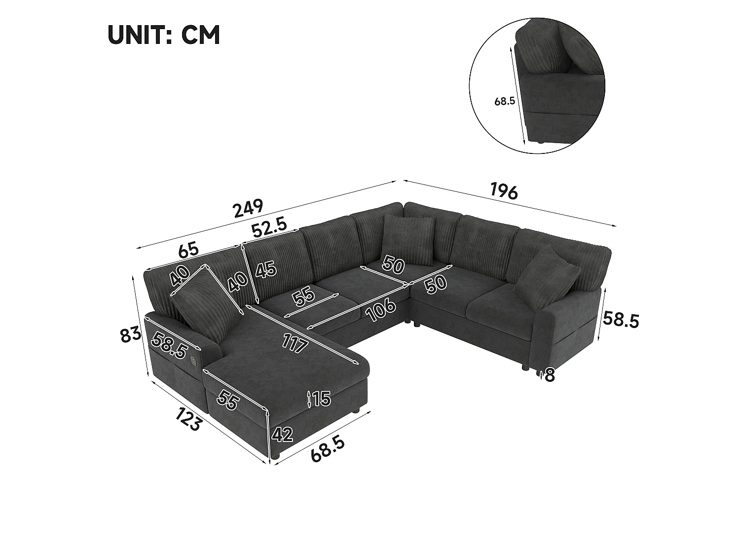 Modern U-shaped corner sofa - with 1 chaise lounge, 3 cushions, 1 USB port and 1 Type-C port - Chenille, corduroy - Gray