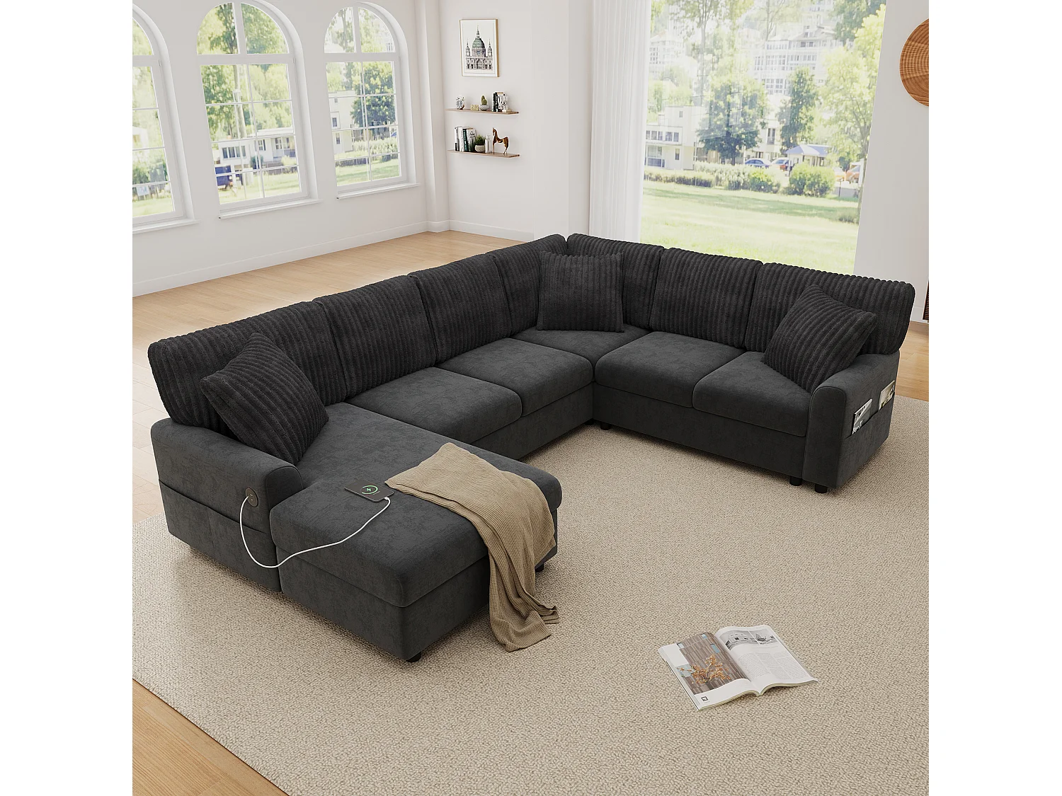 Modern U-shaped corner sofa - with 1 chaise lounge, 3 cushions, 1 USB port and 1 Type-C port - Chenille, corduroy - Gray