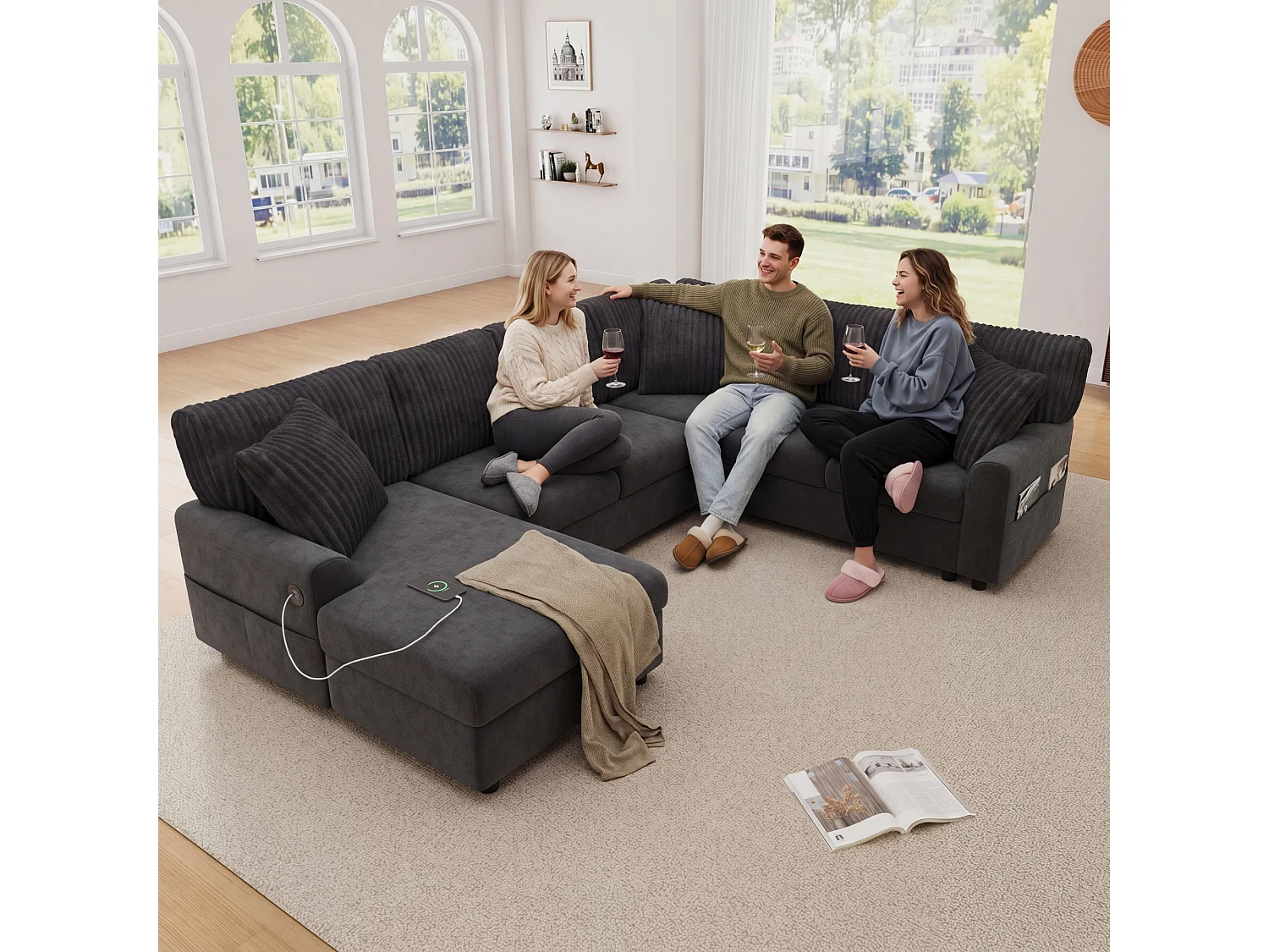 Modern U-shaped corner sofa - with 1 chaise lounge, 3 cushions, 1 USB port and 1 Type-C port - Chenille, corduroy - Gray