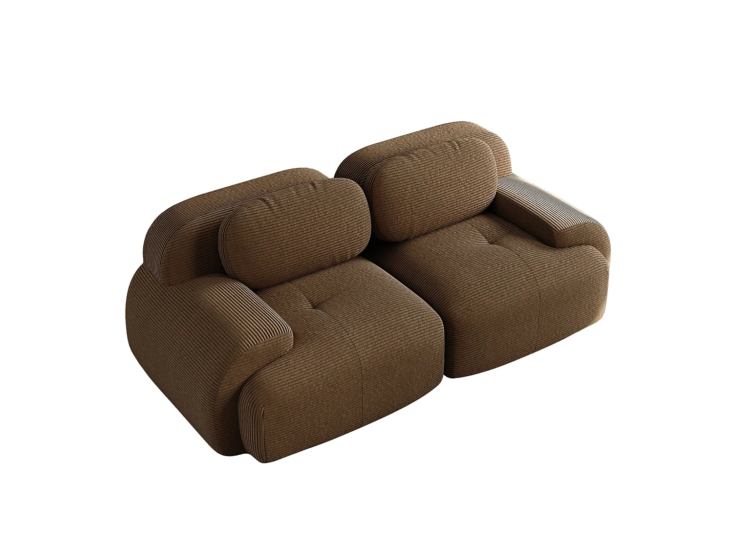 Canapé modulable 2 places velours côtelé, accoudoirs incurvés, rembourrage élastique, marron