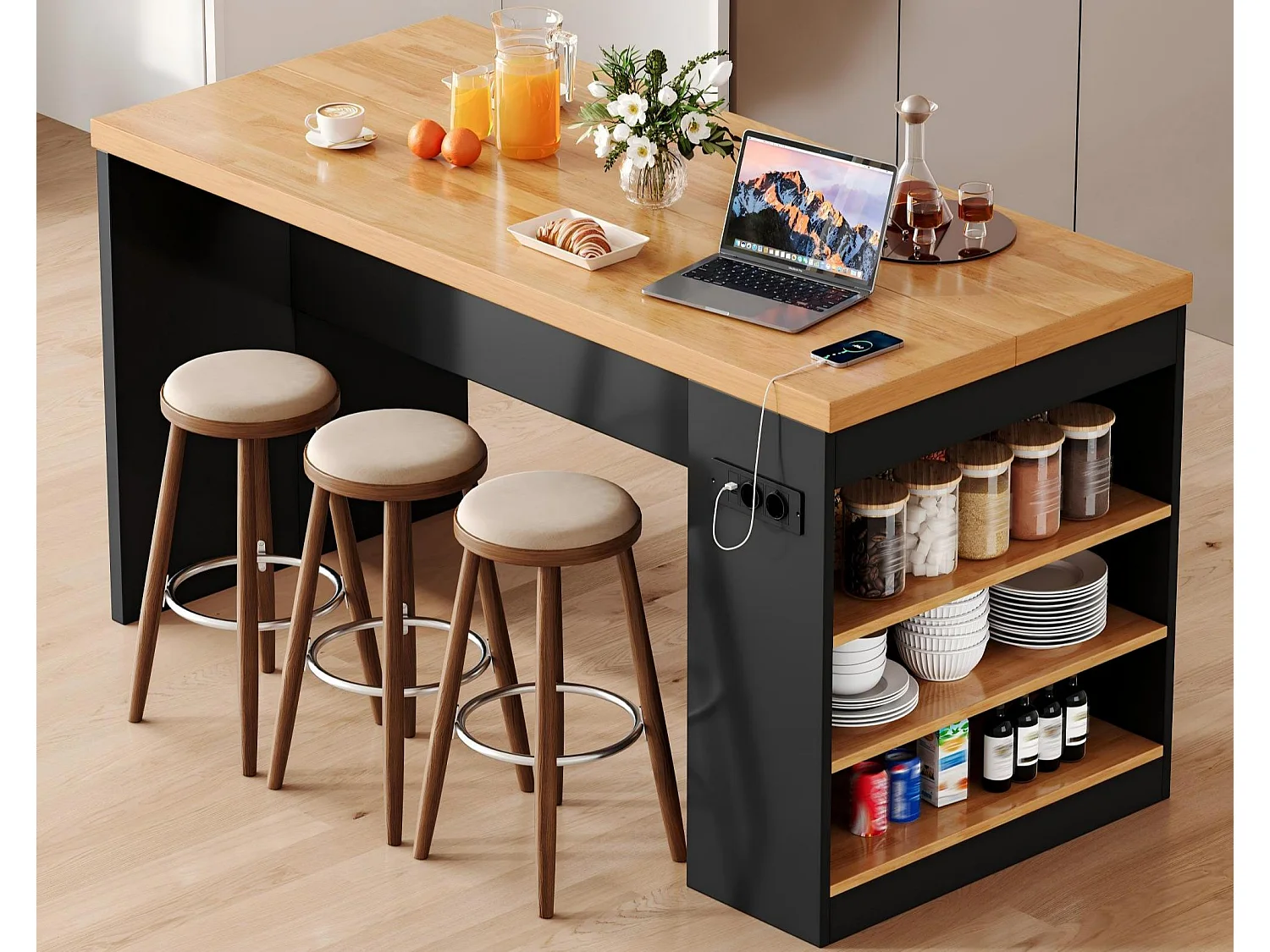 Îlot central de cuisine - avec éclairage LED et prise de courant (2xAC+2xUSB) - 3 étagères ouvertes - comptoir épais - Noir + Naturel