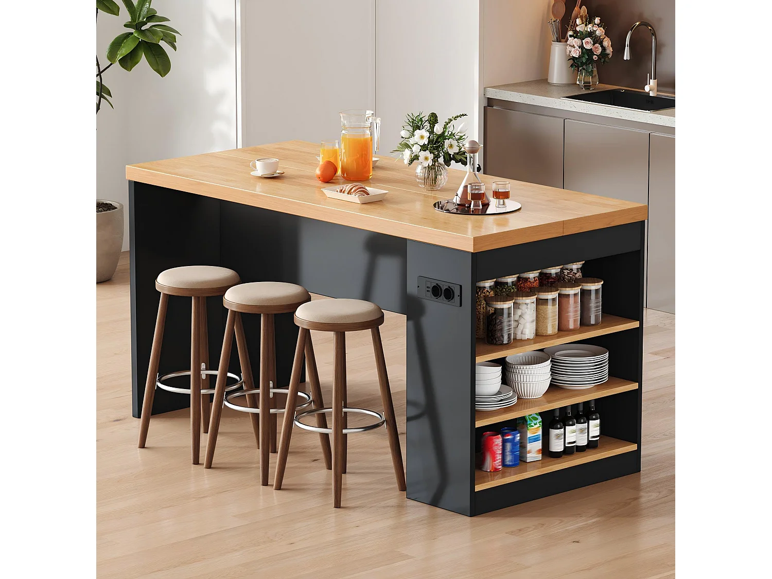 Îlot central de cuisine - avec éclairage LED et prise de courant (2xAC+2xUSB) - 3 étagères ouvertes - comptoir épais - Noir + Naturel