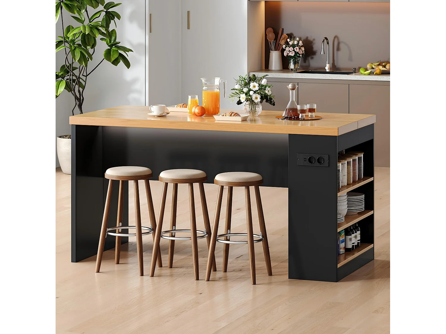 Îlot central de cuisine - avec éclairage LED et prise de courant (2xAC+2xUSB) - 3 étagères ouvertes - comptoir épais - Noir + Naturel