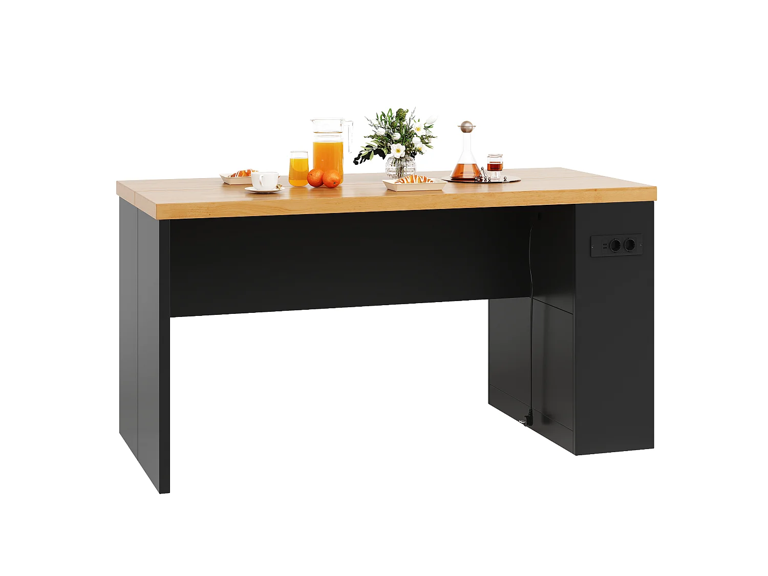 Îlot central de cuisine - avec éclairage LED et prise de courant (2xAC+2xUSB) - 3 étagères ouvertes - comptoir épais - Noir + Naturel