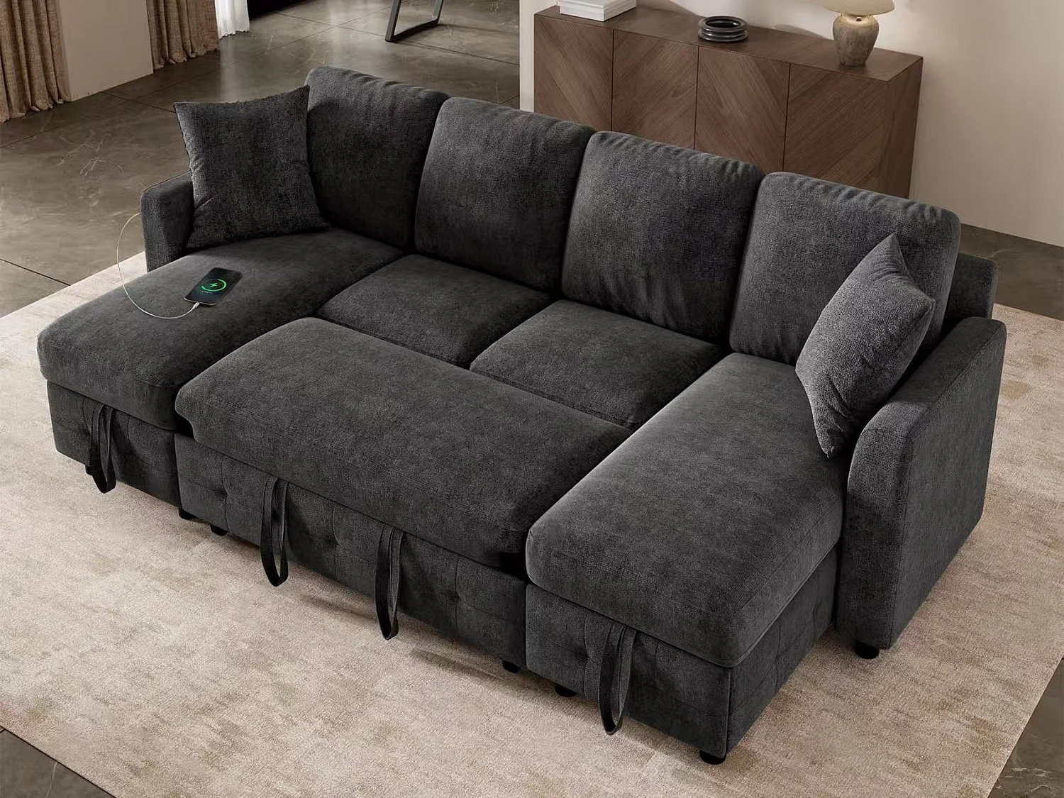 Modern U-shaped sofa - convertible - 2 storage spaces - 1 USB port and 1 Type-C charging port - 2 cushions - chenille - gray