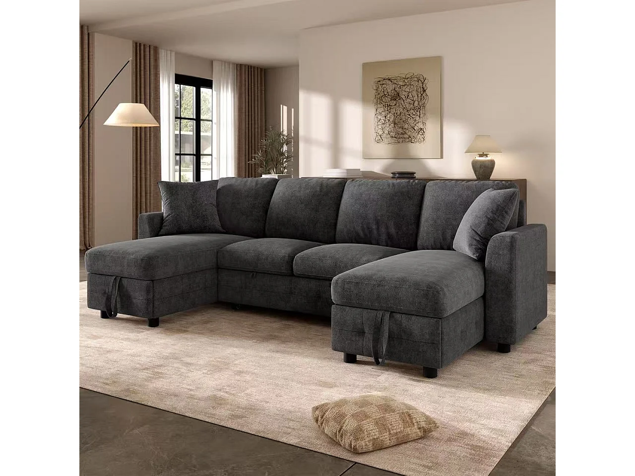 Modern U-shaped sofa - convertible - 2 storage spaces - 1 USB port and 1 Type-C charging port - 2 cushions - chenille - gray