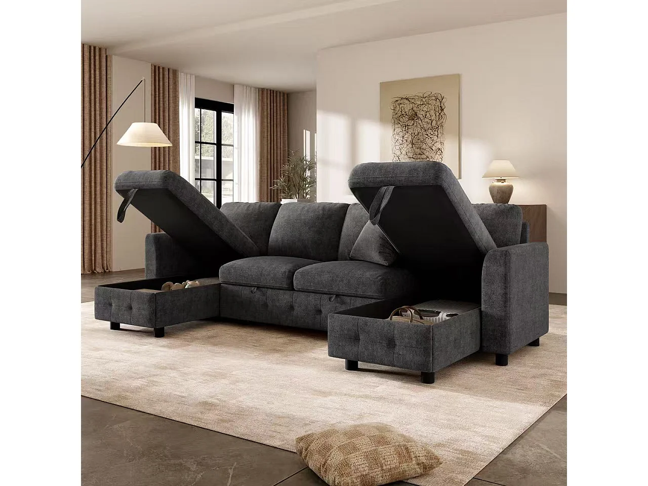 Modern U-shaped sofa - convertible - 2 storage spaces - 1 USB port and 1 Type-C charging port - 2 cushions - chenille - gray