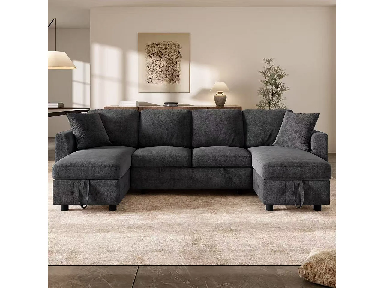 Modern U-shaped sofa - convertible - 2 storage spaces - 1 USB port and 1 Type-C charging port - 2 cushions - chenille - gray