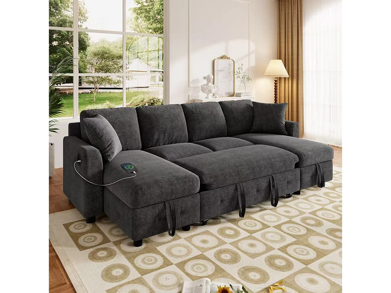 Modern U-shaped sofa - convertible - 2 storage spaces - 1 USB port and 1 Type-C charging port - 2 cushions - chenille - gray