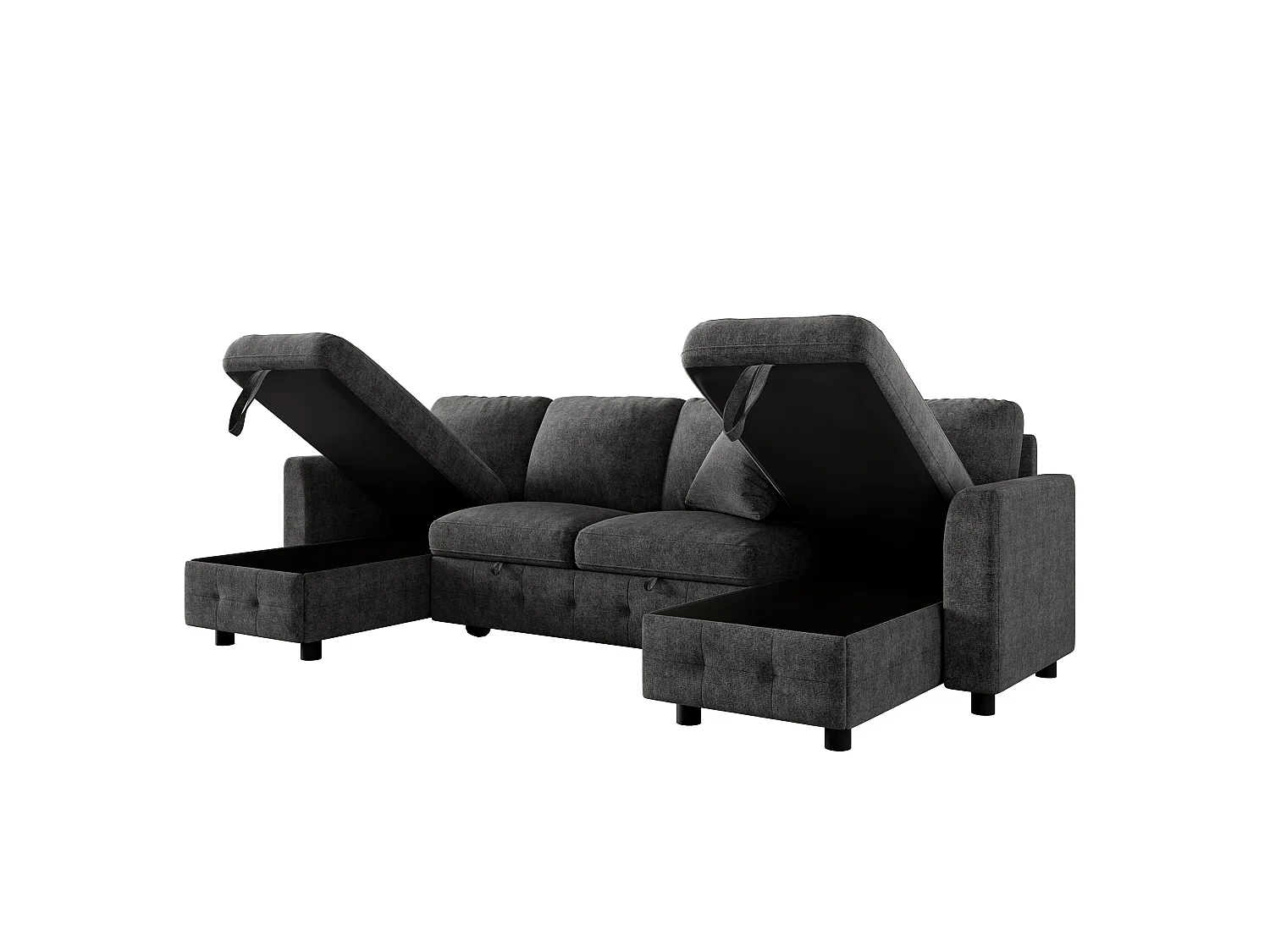 Modern U-shaped sofa - convertible - 2 storage spaces - 1 USB port and 1 Type-C charging port - 2 cushions - chenille - gray