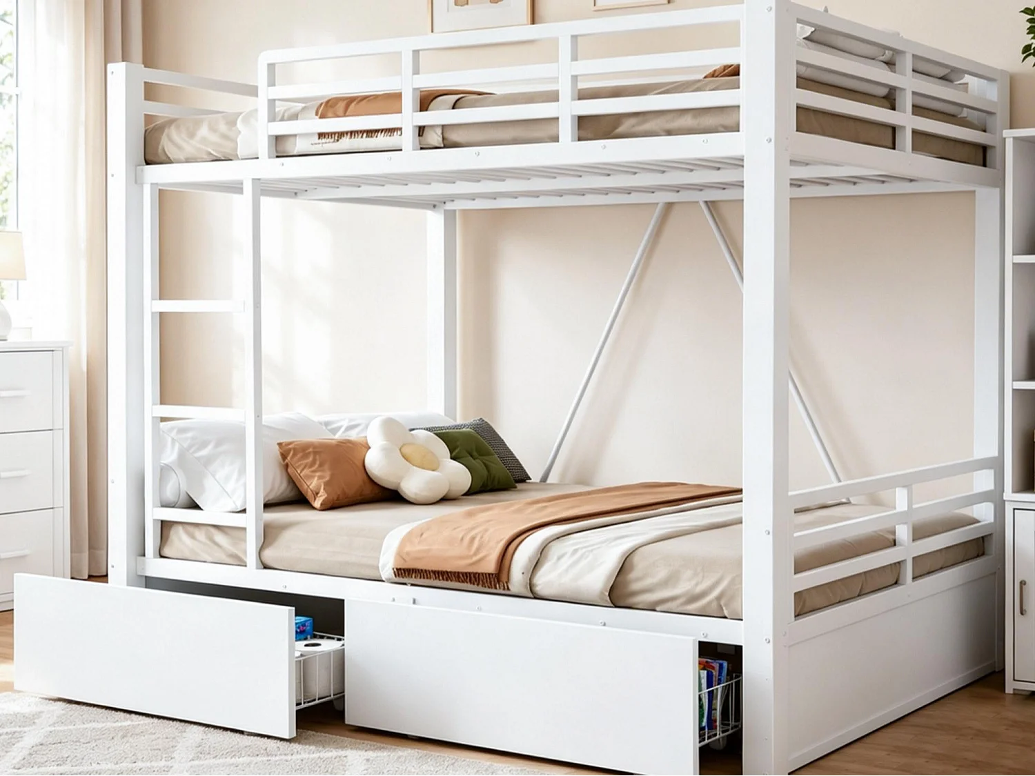 Metal bunk bed 140x200cm - with 2 drawers - with ladder - with safety barriers - white (mattress not included)