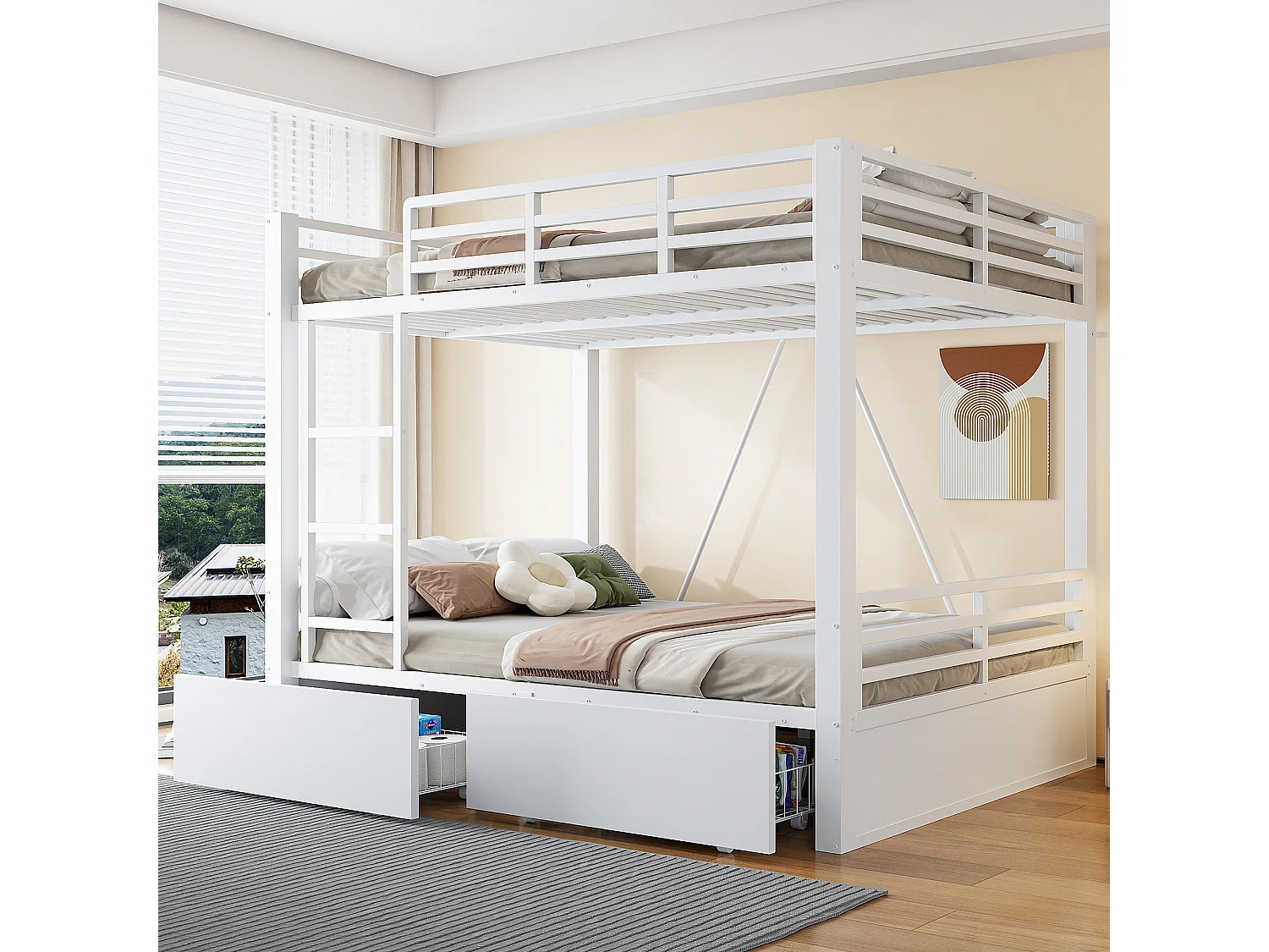 Metal bunk bed 140x200cm - with 2 drawers - with ladder - with safety barriers - white (mattress not included)