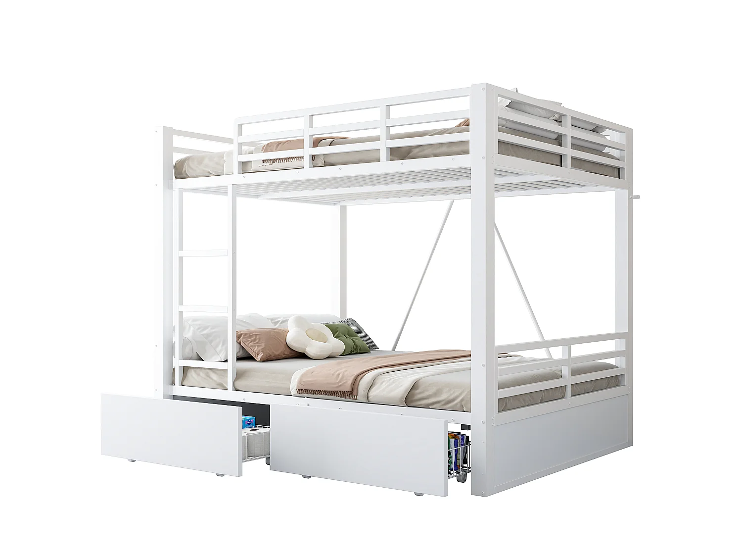 Metal bunk bed 140x200cm - with 2 drawers - with ladder - with safety barriers - white (mattress not included)