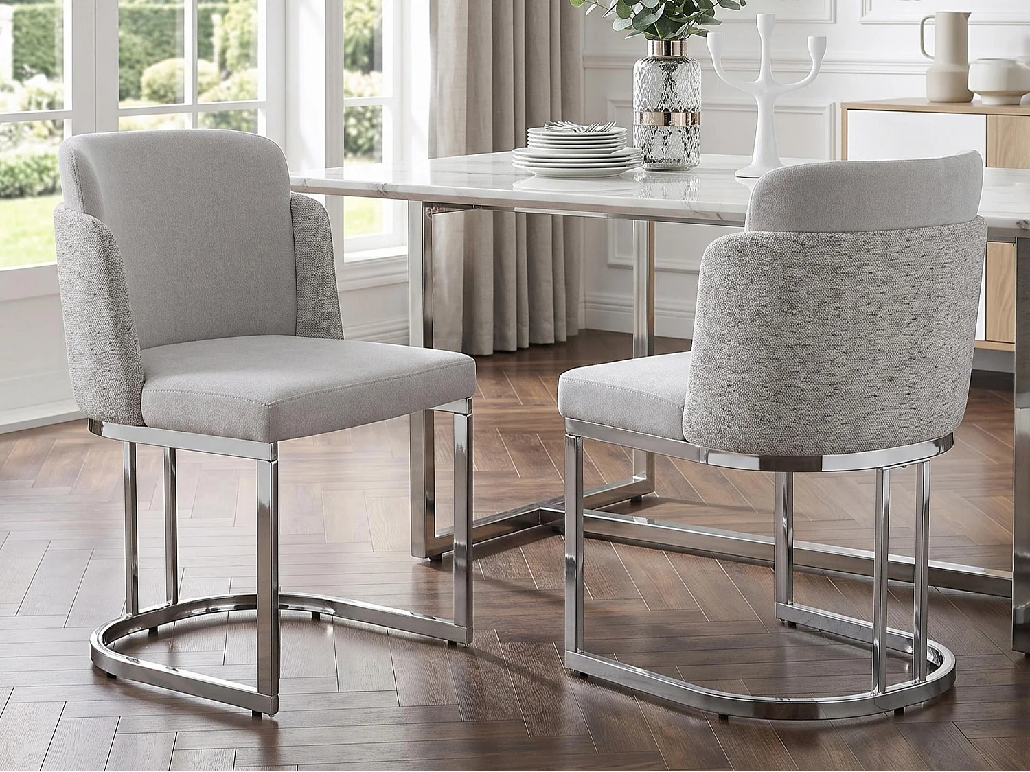 Set of 2 dining chairs - Modern style - Silver galvanized legs - Chenille fabric - Light gray + silver