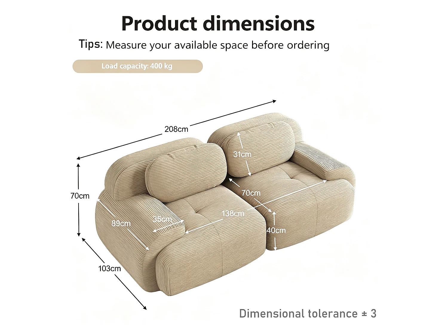 Canapé modulable 2 places velours côtelé, accoudoirs incurvés, rembourrage élastique, beige