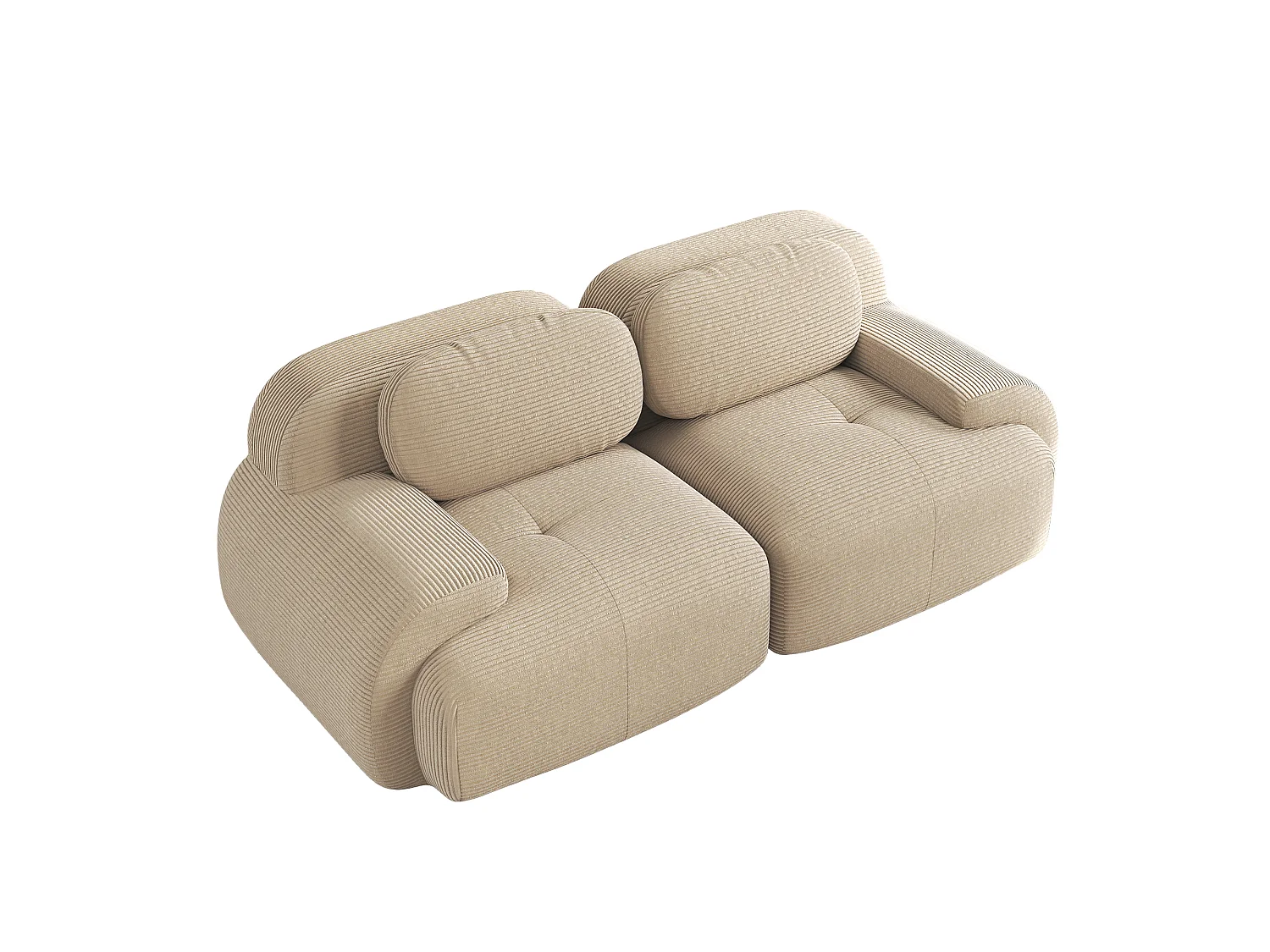 Canapé modulable 2 places velours côtelé, accoudoirs incurvés, rembourrage élastique, beige