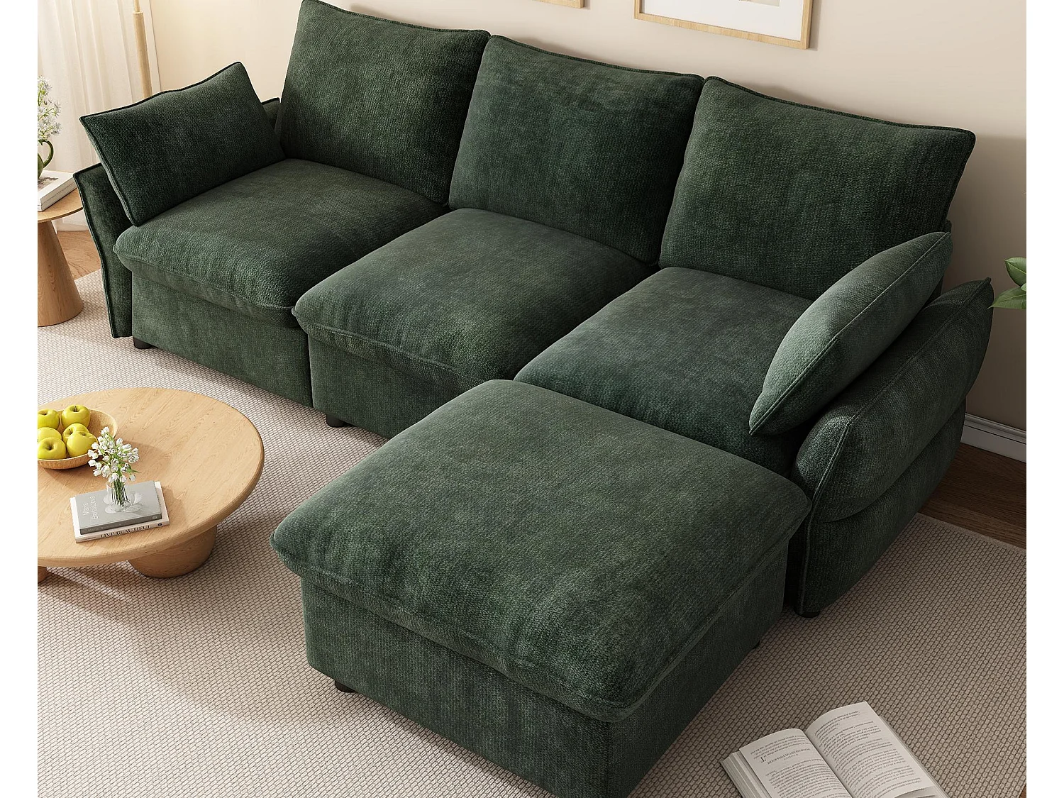 Canapé d'angle moderne  222,5 × 154,5 × 76,5 cm - 3 places - avec 1 repose-pieds - tissu chenille - vert foncé