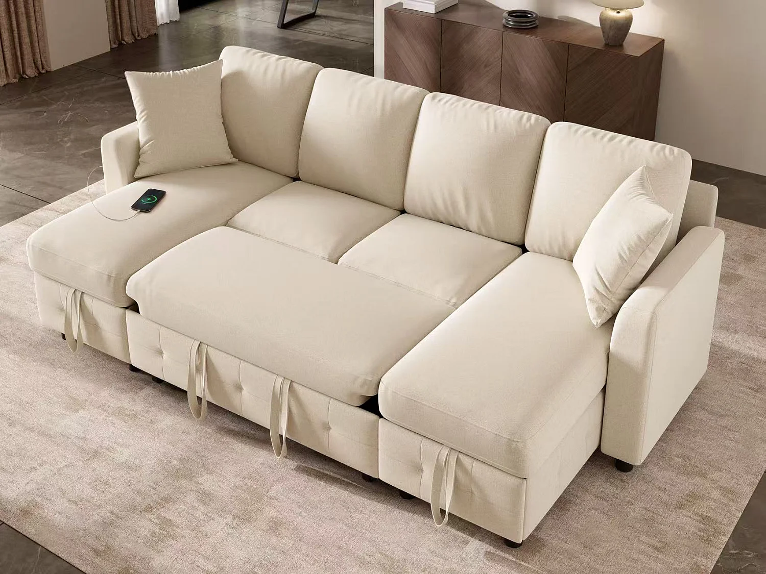 Modern U-shaped sofa - convertible - 2 storage spaces - 1 USB port and 1 Type-C charging port - 2 cushions - chenille - beige