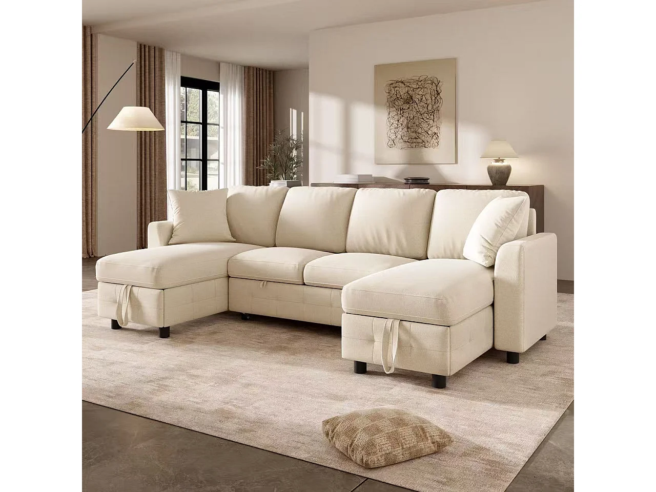 Modern U-shaped sofa - convertible - 2 storage spaces - 1 USB port and 1 Type-C charging port - 2 cushions - chenille - beige