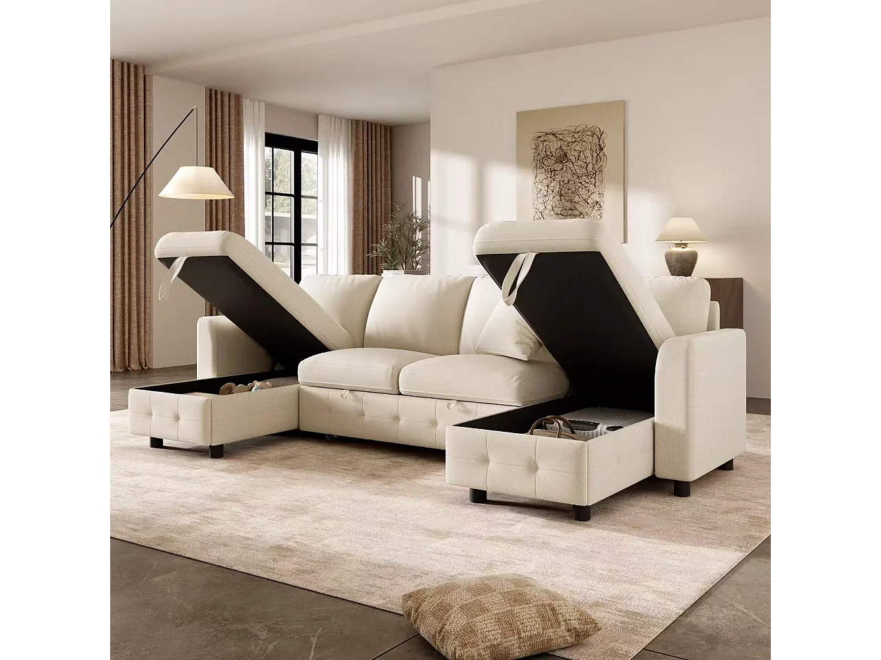 Modern U-shaped sofa - convertible - 2 storage spaces - 1 USB port and 1 Type-C charging port - 2 cushions - chenille - beige