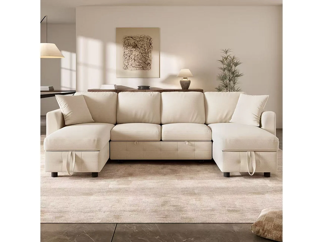Modern U-shaped sofa - convertible - 2 storage spaces - 1 USB port and 1 Type-C charging port - 2 cushions - chenille - beige