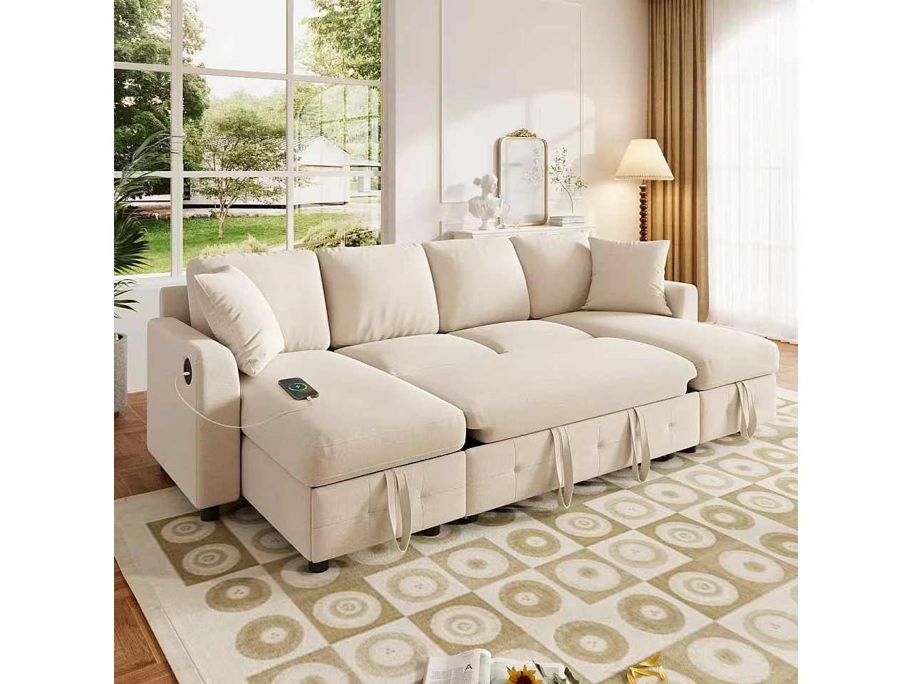 Modern U-shaped sofa - convertible - 2 storage spaces - 1 USB port and 1 Type-C charging port - 2 cushions - chenille - beige