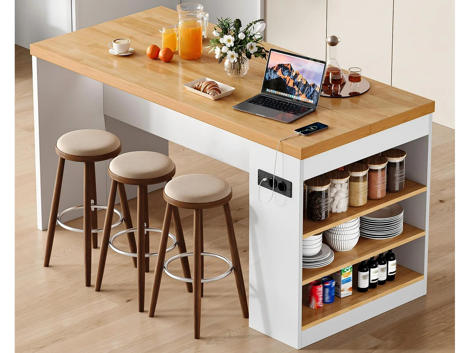 Îlot central de cuisine - avec éclairage LED et prise de courant (2xAC+2xUSB) - 3 étagères ouvertes - comptoir épais - Blanc + Naturel