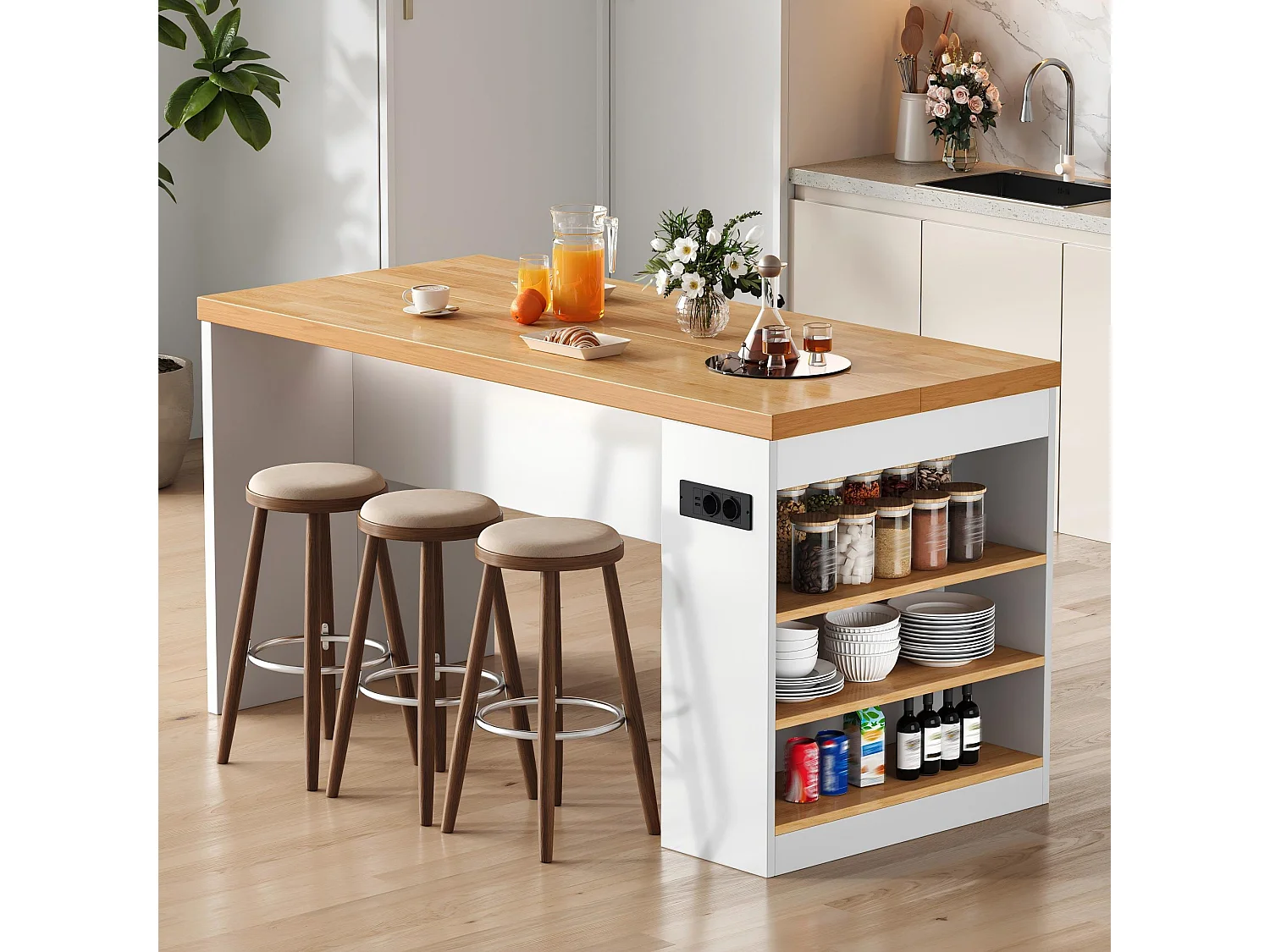 Îlot central de cuisine - avec éclairage LED et prise de courant (2xAC+2xUSB) - 3 étagères ouvertes - comptoir épais - Blanc + Naturel
