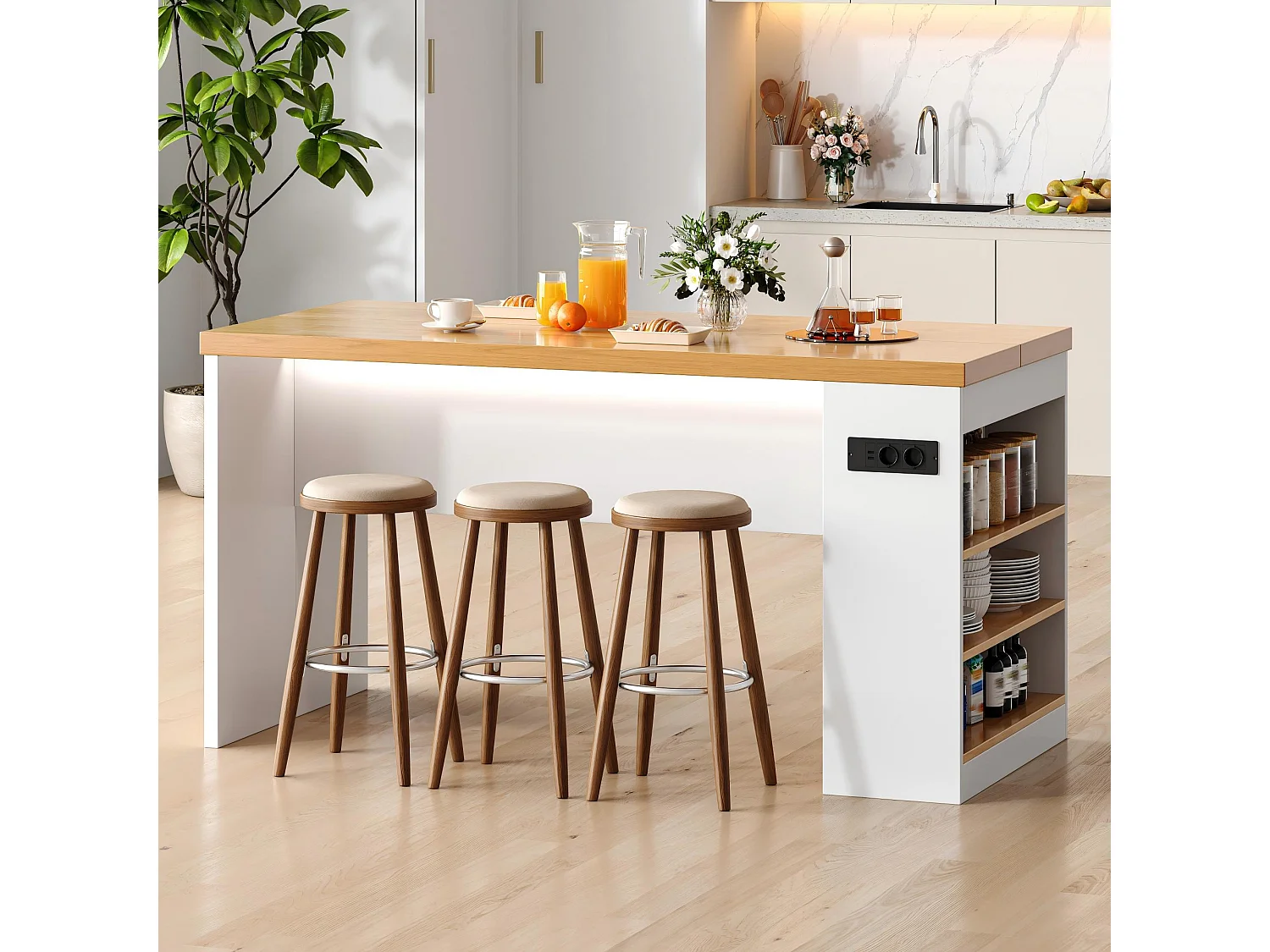 Îlot central de cuisine - avec éclairage LED et prise de courant (2xAC+2xUSB) - 3 étagères ouvertes - comptoir épais - Blanc + Naturel