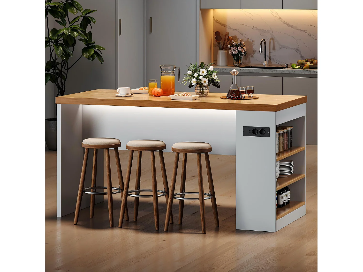 Îlot central de cuisine - avec éclairage LED et prise de courant (2xAC+2xUSB) - 3 étagères ouvertes - comptoir épais - Blanc + Naturel