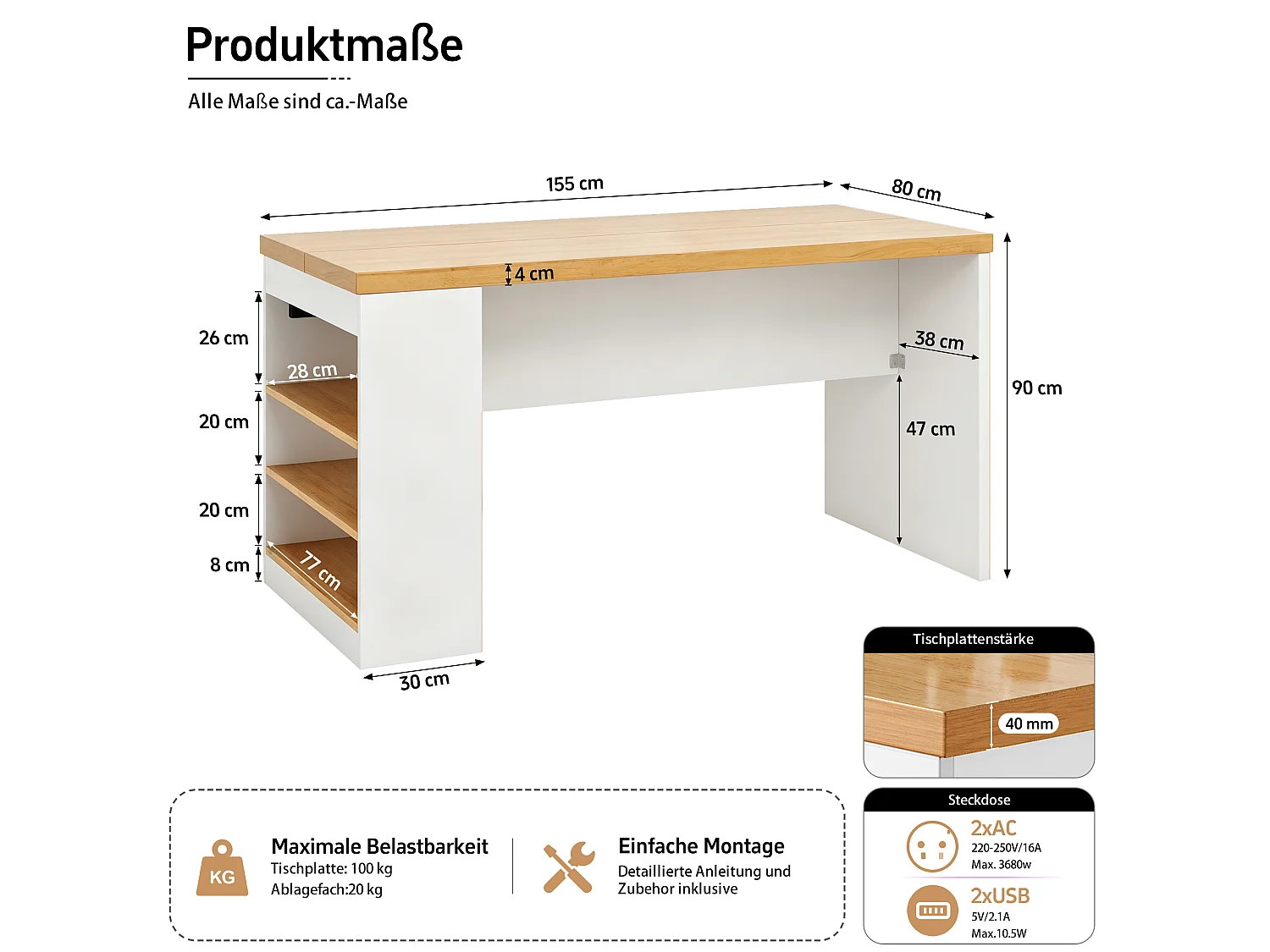 Îlot central de cuisine - avec éclairage LED et prise de courant (2xAC+2xUSB) - 3 étagères ouvertes - comptoir épais - Blanc + Naturel