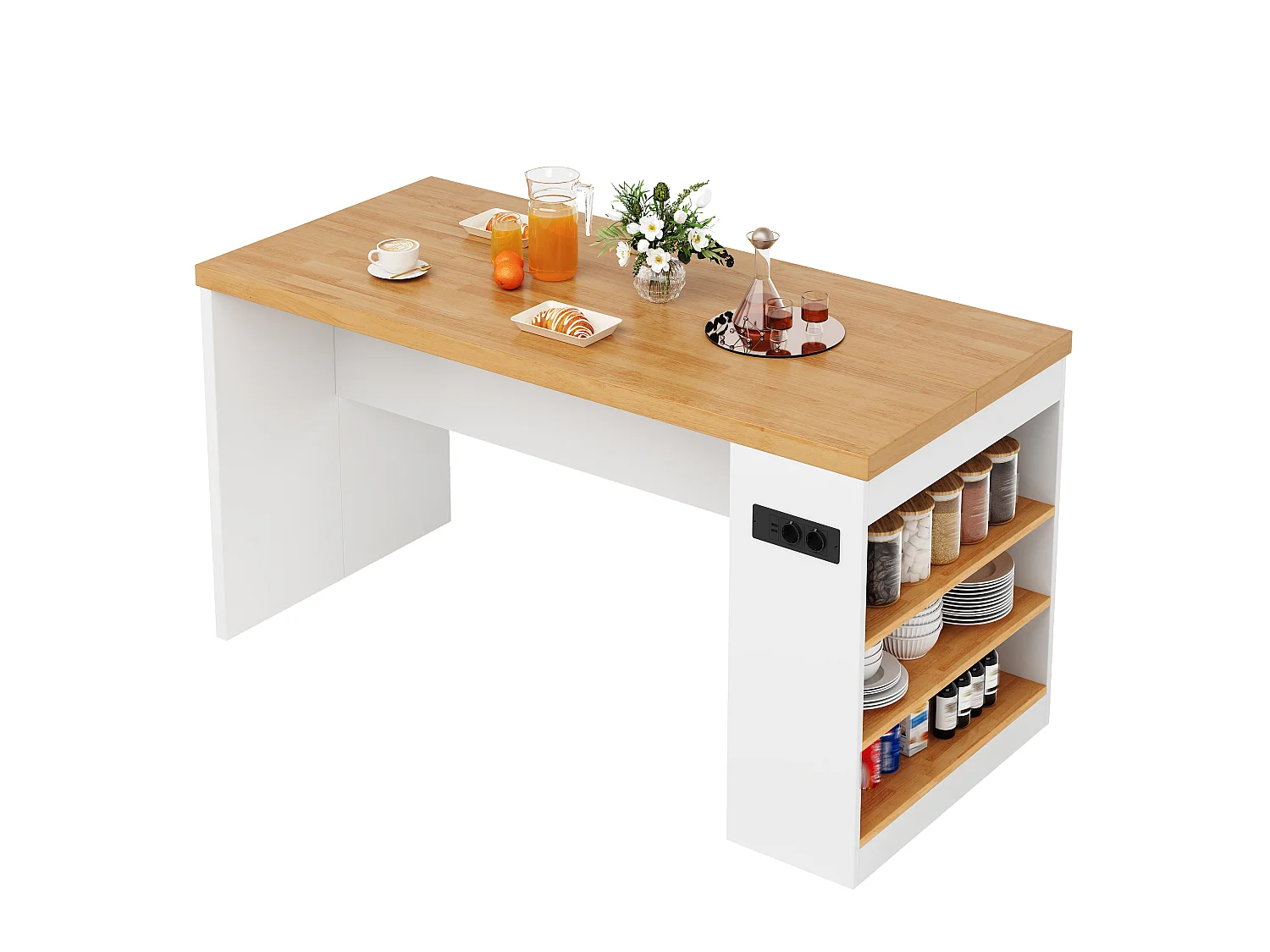Îlot central de cuisine - avec éclairage LED et prise de courant (2xAC+2xUSB) - 3 étagères ouvertes - comptoir épais - Blanc + Naturel