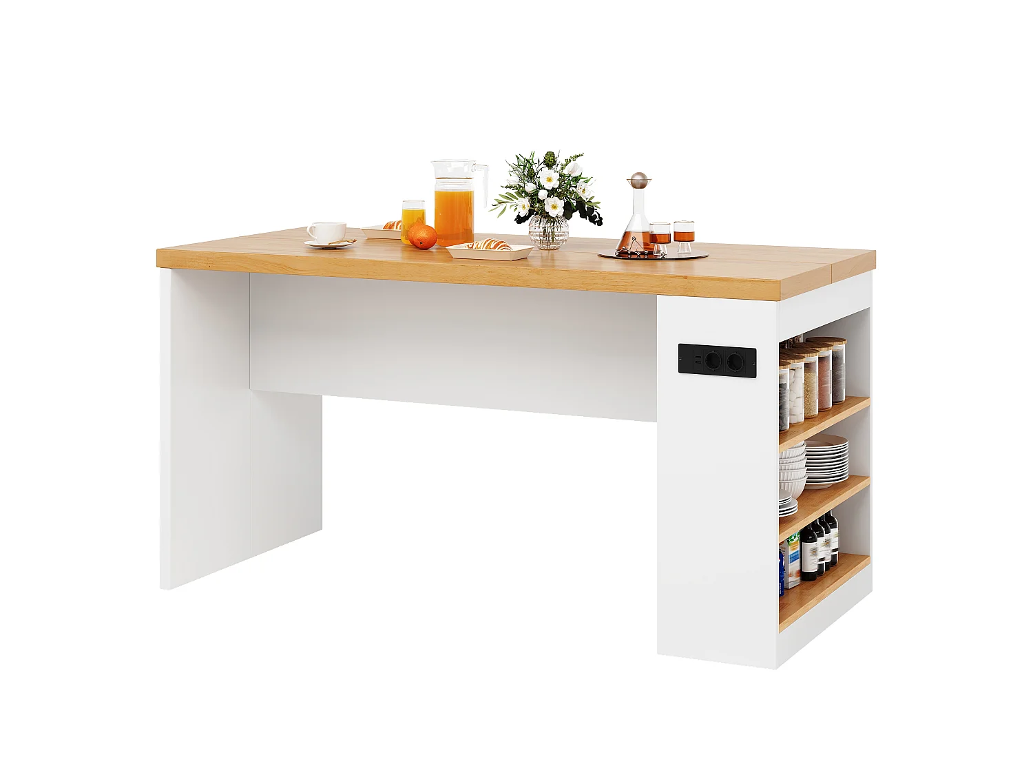 Îlot central de cuisine - avec éclairage LED et prise de courant (2xAC+2xUSB) - 3 étagères ouvertes - comptoir épais - Blanc + Naturel