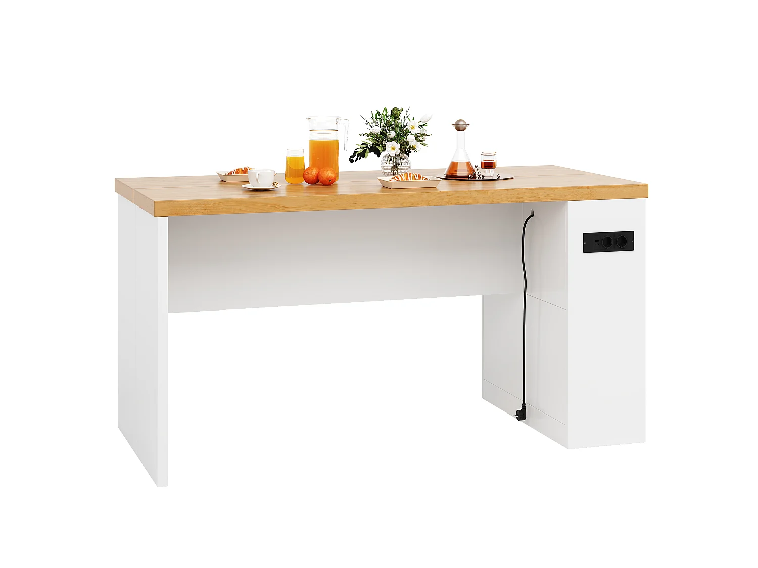 Îlot central de cuisine - avec éclairage LED et prise de courant (2xAC+2xUSB) - 3 étagères ouvertes - comptoir épais - Blanc + Naturel