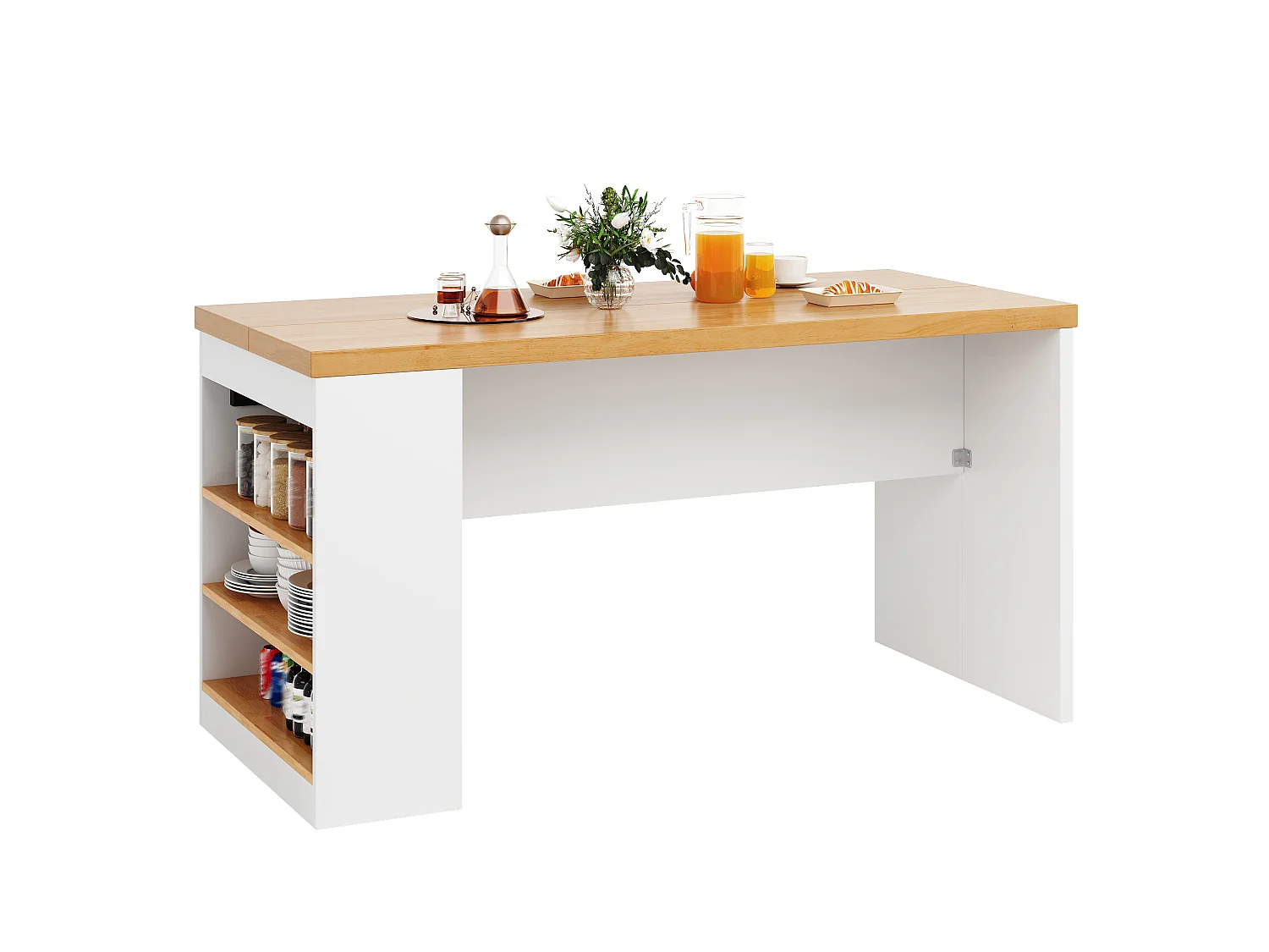Îlot central de cuisine - avec éclairage LED et prise de courant (2xAC+2xUSB) - 3 étagères ouvertes - comptoir épais - Blanc + Naturel