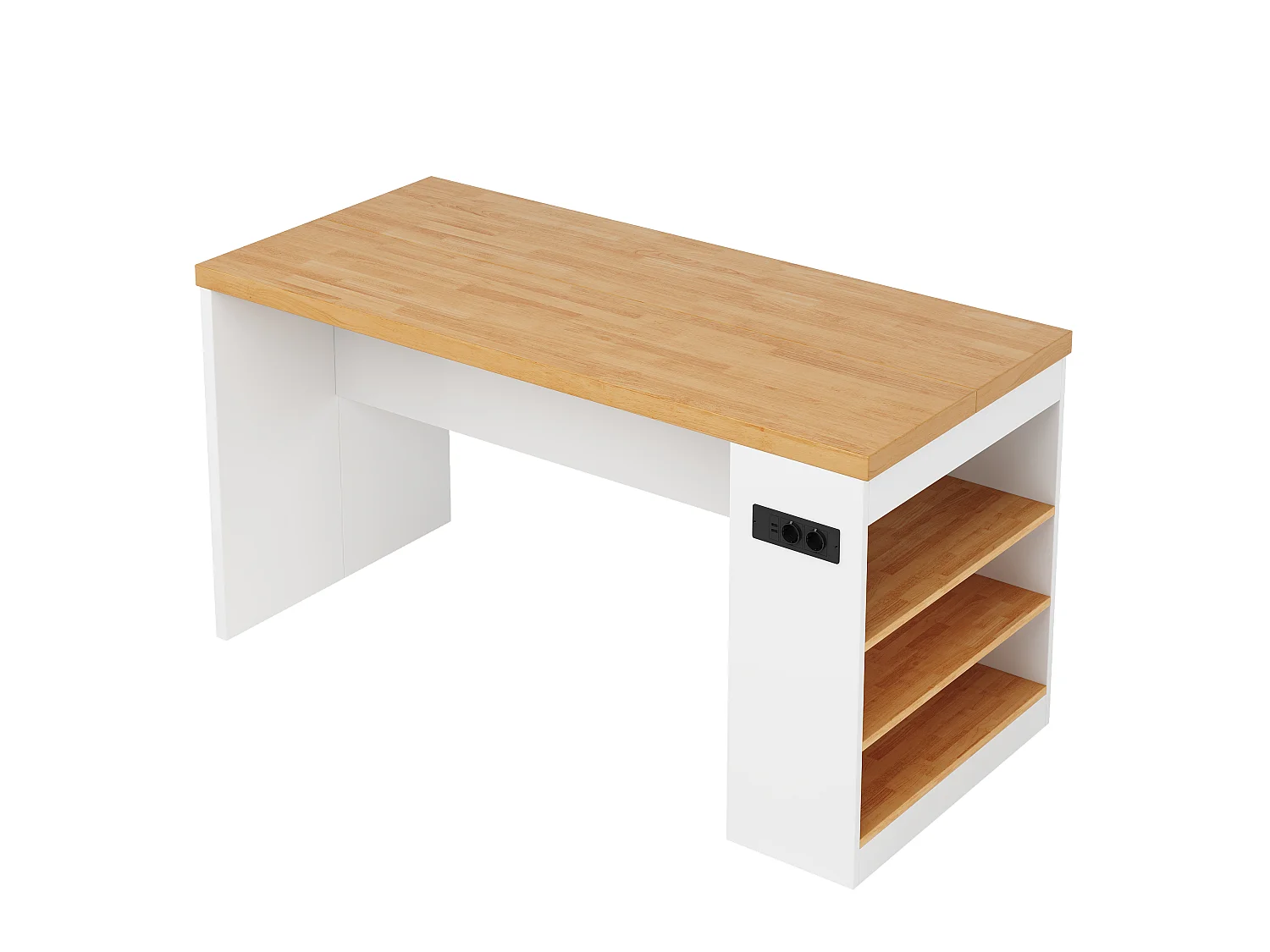 Îlot central de cuisine - avec éclairage LED et prise de courant (2xAC+2xUSB) - 3 étagères ouvertes - comptoir épais - Blanc + Naturel