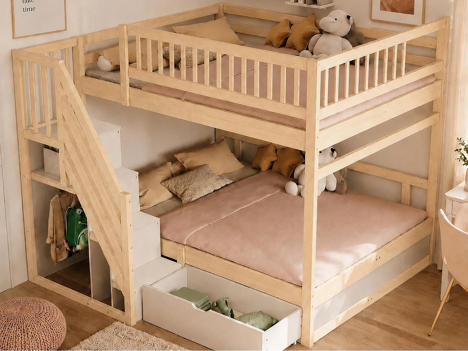 Solid wood bunk bed 140x200 cm - with high safety barriers - with 1 drawer - natural (mattress not included)