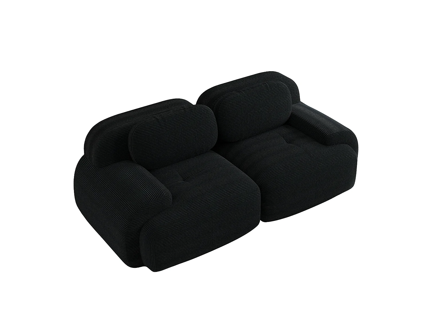 Canapé modulable velours côtelé noir, accoudoirs incurvés, rembourrage élastique confortable