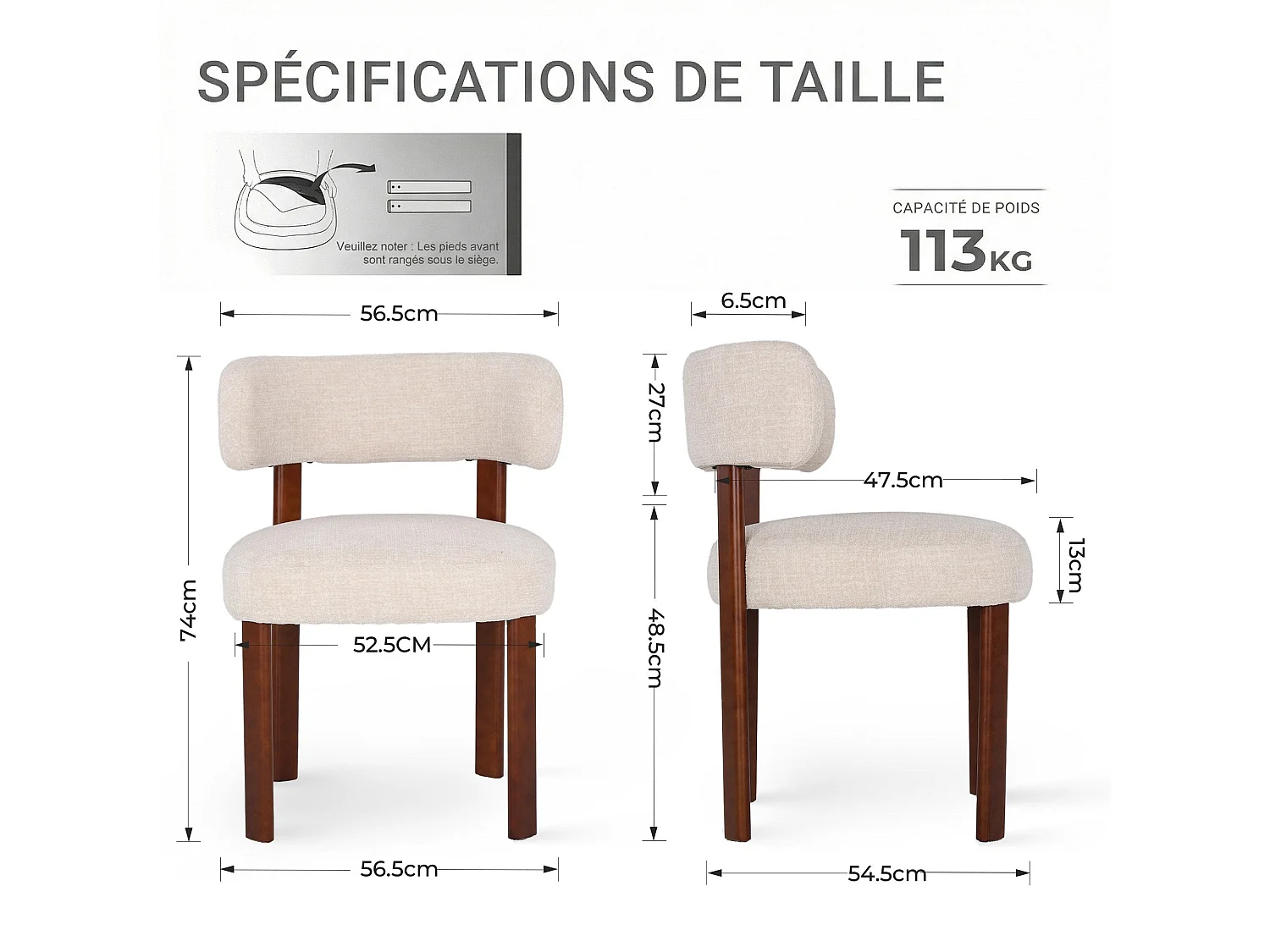 Lot de 2 chaises de salle à manger en bois massif couleur avoine SMARTUE, tissu bouclé, dossier incurvé