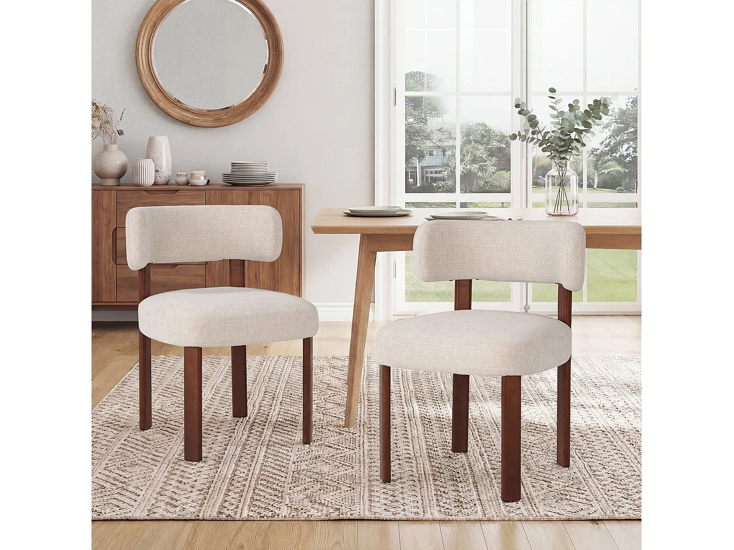 Lot de 2 chaises de salle à manger en bois massif couleur avoine SMARTUE, tissu bouclé, dossier incurvé